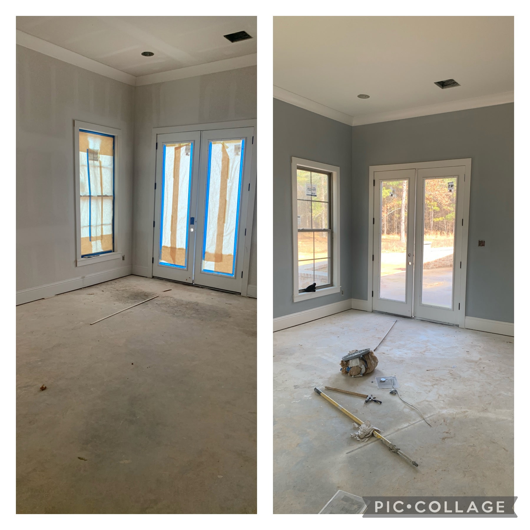 Interior bathroom before painting — original wood cabinet finish